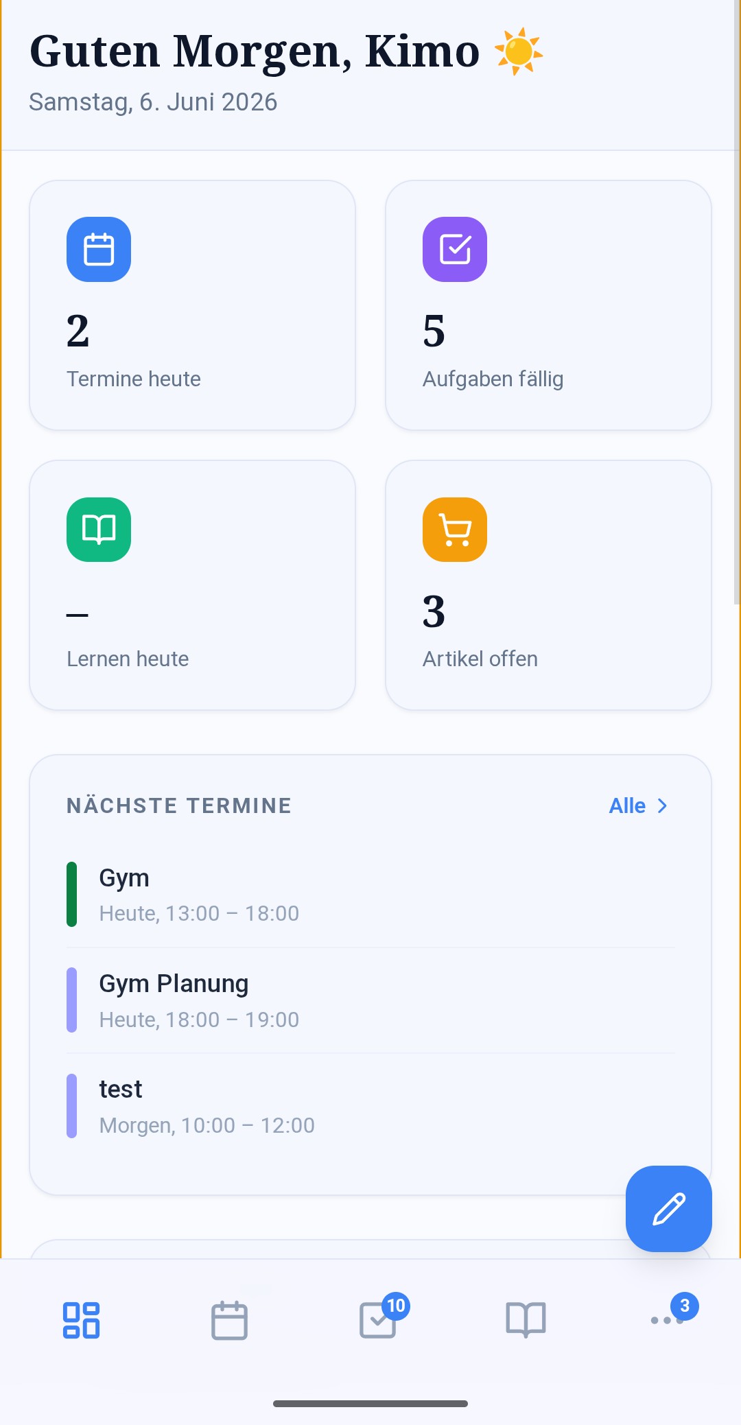 Ordivio Dashboard mit Begrüßung, Terminen und fälligen Aufgaben
