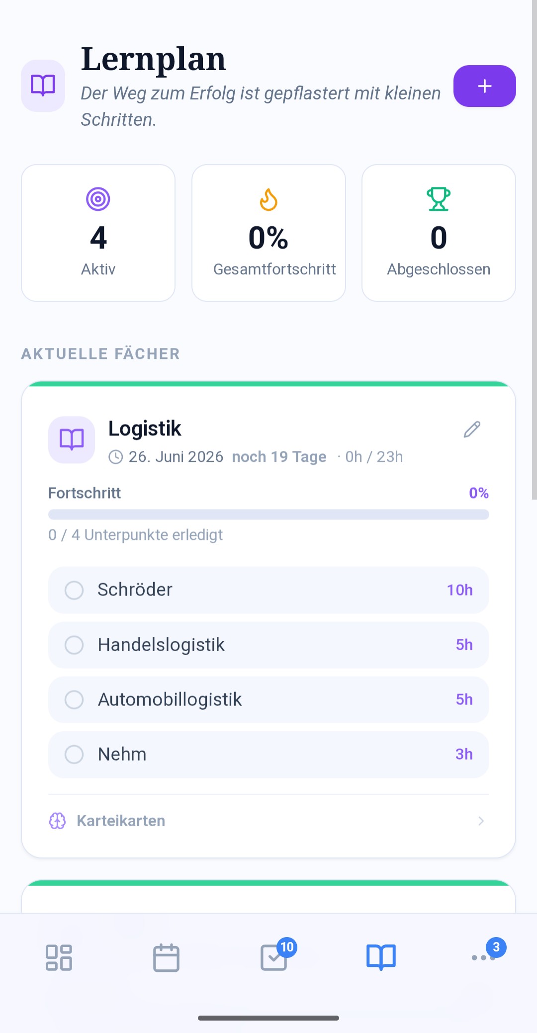 Ordivio Lernplan: Fächer mit Deadline, Stunden und Fortschritt